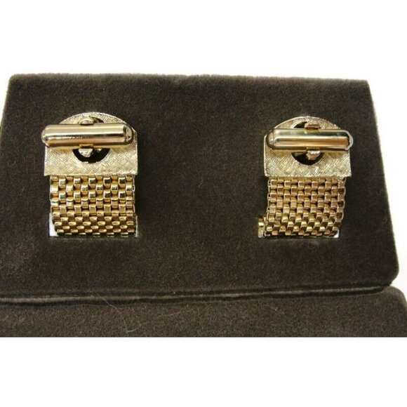 Swank Tiger Eye Cufflinks Mesh Set Gold Tone Wedding Tux Vintage IOB - Picture 10 of 16